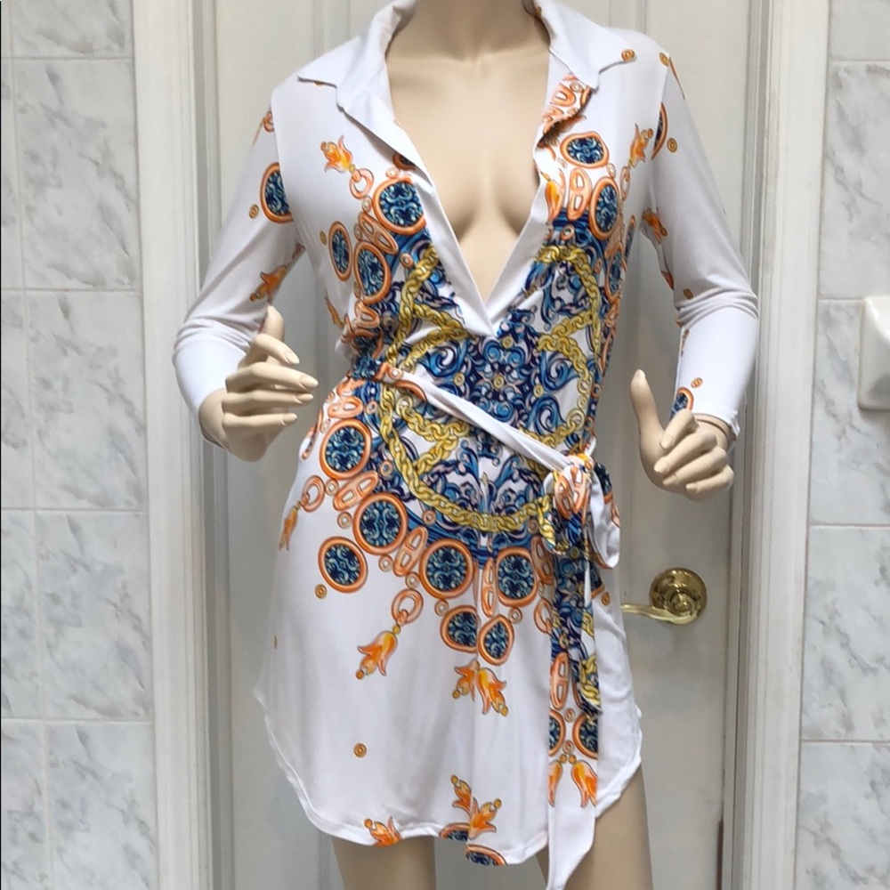 V PLUNGE WHITE PRINT DRESS & BELTED TIE AT WAIST - Picture 8 of 8